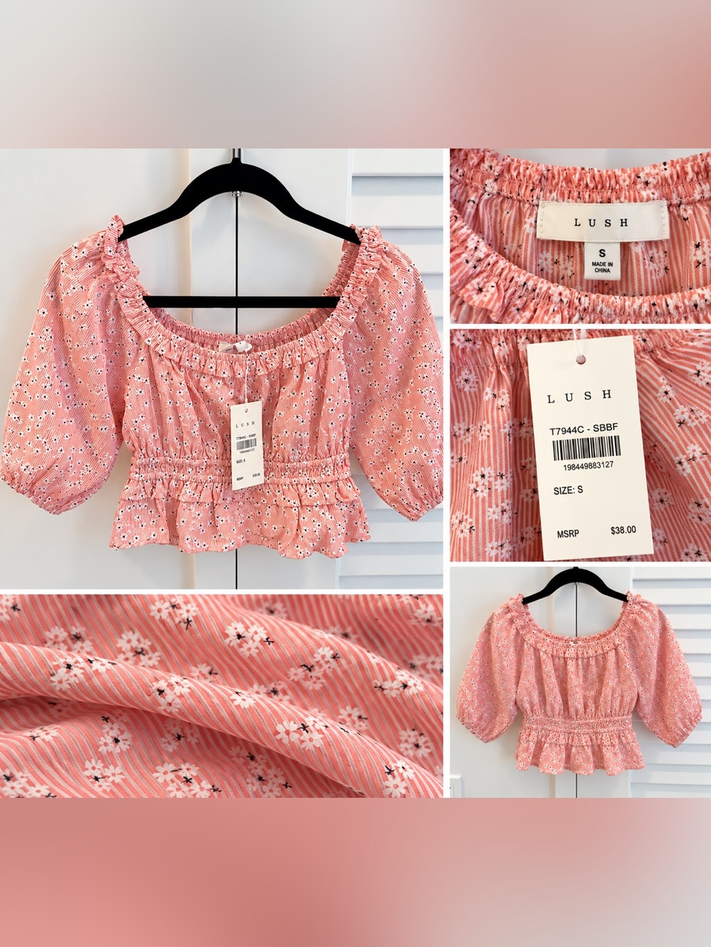LUSH Pink Floral Striped Puff Sleeve Smocked Crop Top Size S NWT